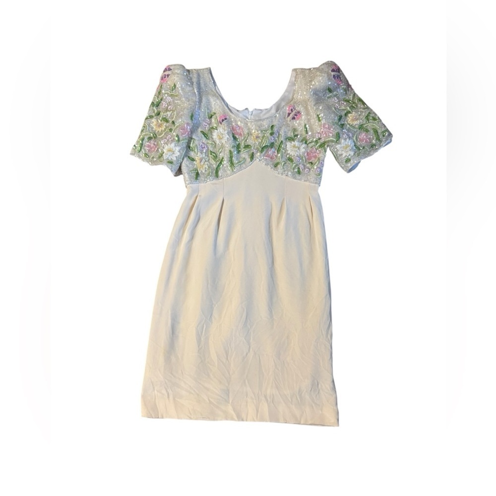 Vintage Richilene New York Beaded Glitter Cocktail Dress Size 12 Ivory Pink Glam